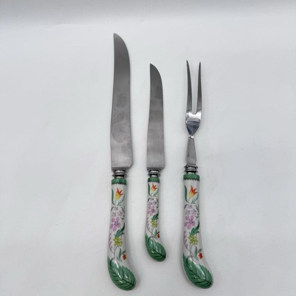 Vintage W Richardson Sheffield England Carving Set 3 Pc Porcelain Handle Floral